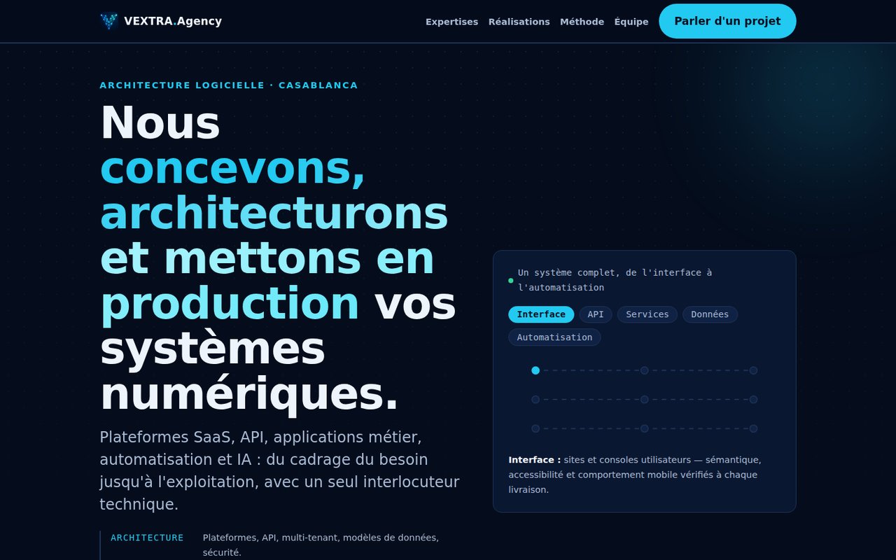 Capture de la page d'accueil VEXTRA Agency en production, version V4 : hero desktop 1440×900, fond marine, accent cyan, panneau système interactif.